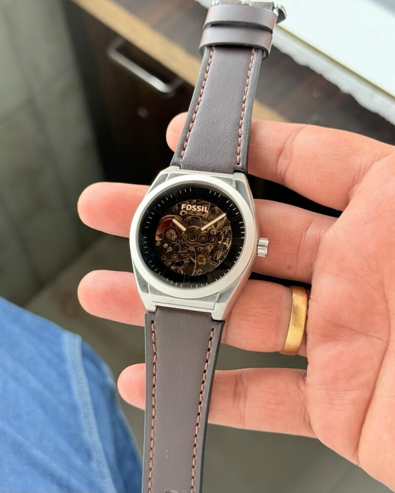 Fossil Everett Black Skeleton Dial Grey Strap
