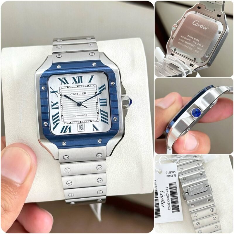 Cartier De Santos Blue Bezel White Dial