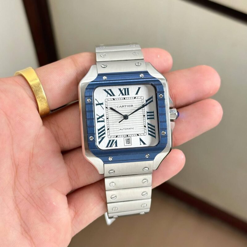 Cartier De Santos Blue Bezel White Dial