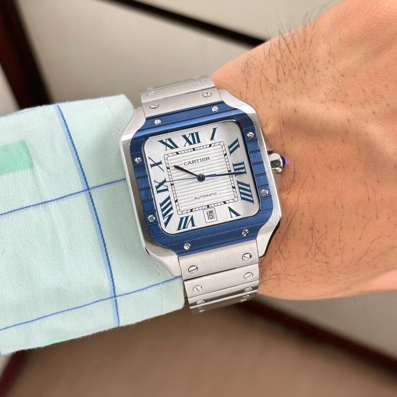 Cartier De Santos Blue Bezel White Dial